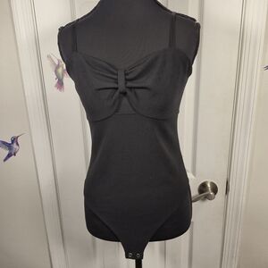 Express Black Bow Front Sweetheart Neck Bodysuit M Pinup Y2K Coquette Thong